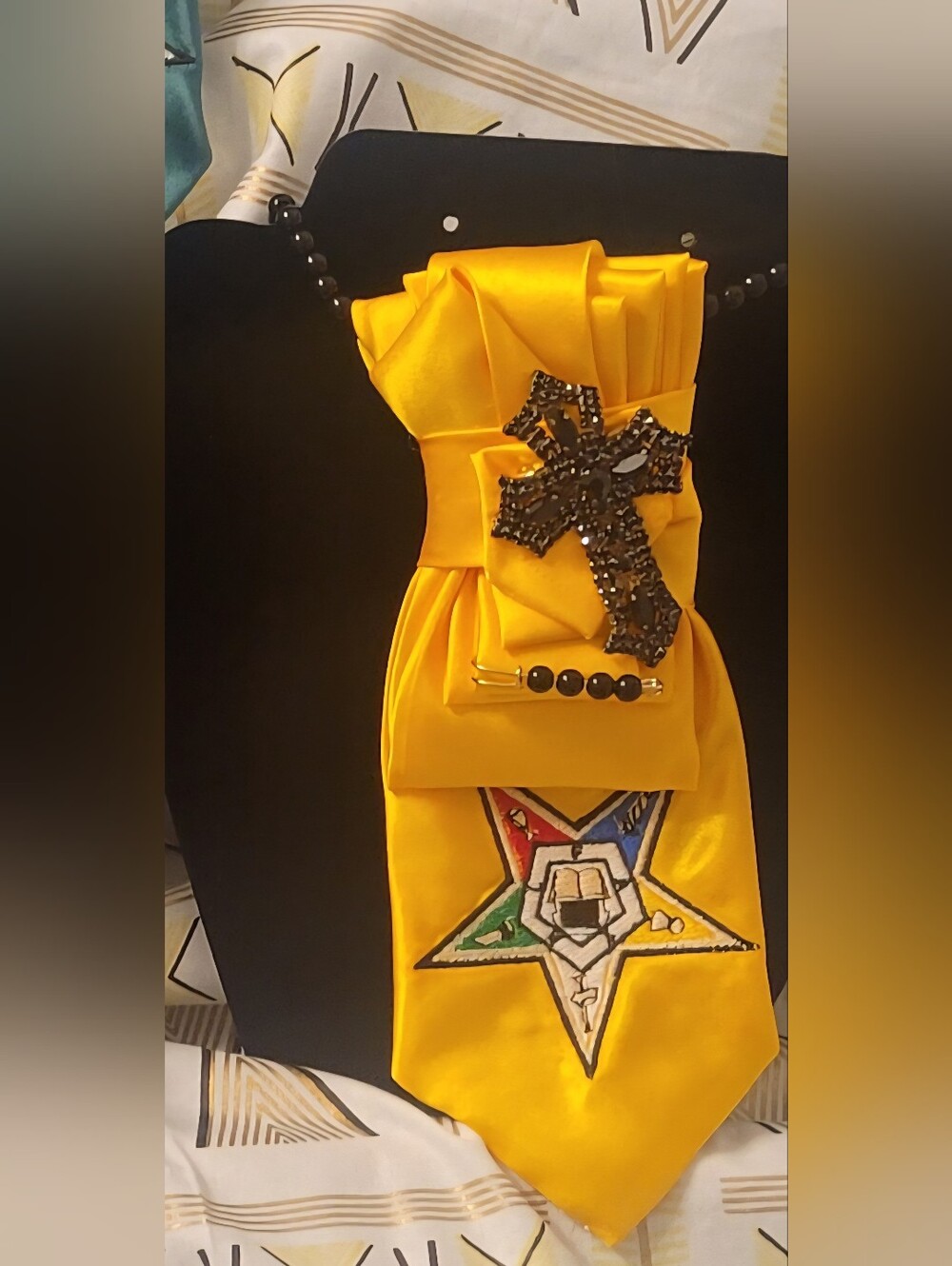Yellow Satin Statement Tie with Beaded Cross Accent